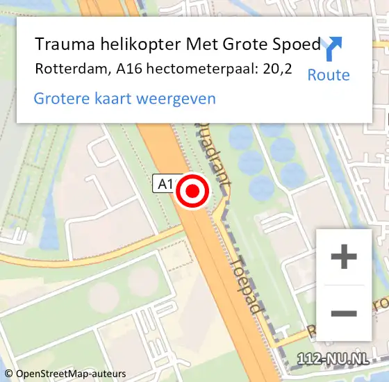 Locatie op kaart van de 112 melding: Trauma helikopter Met Grote Spoed Naar Rotterdam, A16 hectometerpaal: 20,2 op 22 april 2022 12:14