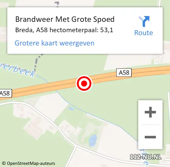 Locatie op kaart van de 112 melding: Brandweer Met Grote Spoed Naar Breda, A58 hectometerpaal: 53,1 op 22 april 2022 15:51