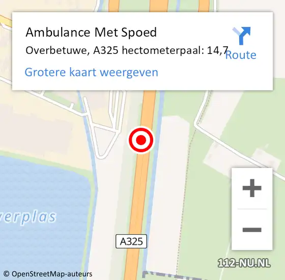 Locatie op kaart van de 112 melding: Ambulance Met Spoed Naar Overbetuwe, A325 hectometerpaal: 14,7 op 22 april 2022 19:34