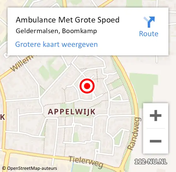 Locatie op kaart van de 112 melding: Ambulance Met Grote Spoed Naar Geldermalsen, Boomkamp op 23 april 2022 02:11