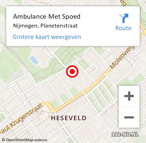 Locatie op kaart van de 112 melding: Ambulance Met Spoed Naar Nijmegen, Planetenstraat op 23 april 2022 14:15