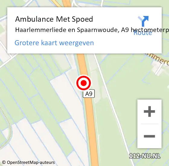 Locatie op kaart van de 112 melding: Ambulance Met Spoed Naar Haarlemmerliede en Spaarnwoude, A9 hectometerpaal: 44,9 op 23 april 2022 22:40