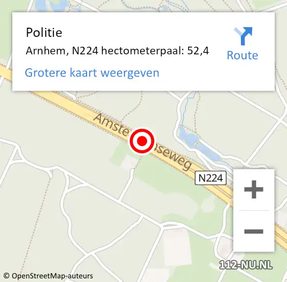 Locatie op kaart van de 112 melding: Politie Arnhem, N224 hectometerpaal: 52,4 op 24 april 2022 12:44