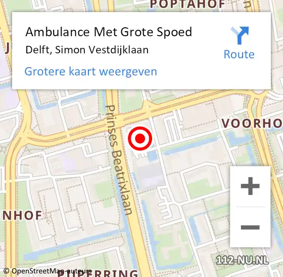 Locatie op kaart van de 112 melding: Ambulance Met Grote Spoed Naar Delft, Simon Vestdijklaan op 25 april 2022 02:46