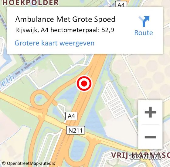 Locatie op kaart van de 112 melding: Ambulance Met Grote Spoed Naar Rijswijk, A4 hectometerpaal: 52,9 op 25 april 2022 18:56