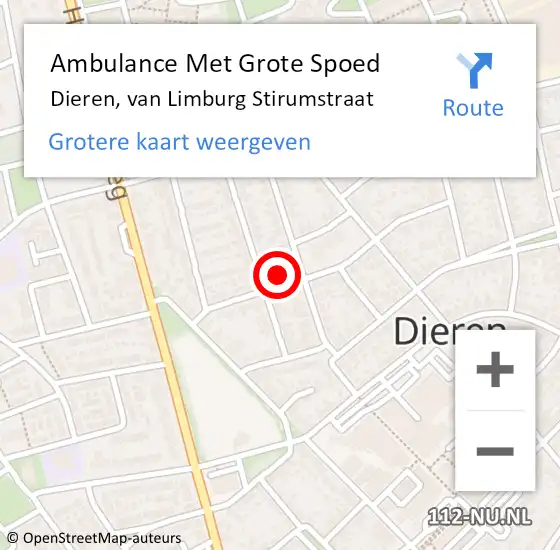 Locatie op kaart van de 112 melding: Ambulance Met Grote Spoed Naar Dieren, van Limburg Stirumstraat op 26 april 2022 05:35