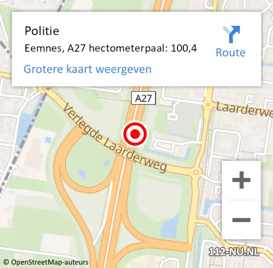 Locatie op kaart van de 112 melding: Politie Eemnes, A27 hectometerpaal: 100,4 op 26 april 2022 09:12