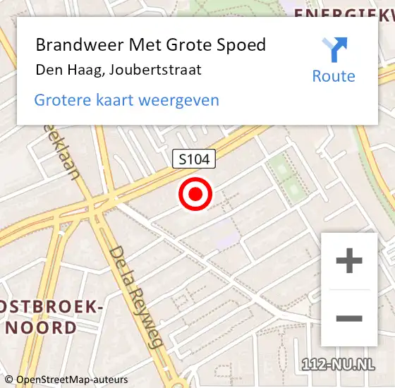 Locatie op kaart van de 112 melding: Brandweer Met Grote Spoed Naar Den Haag, Joubertstraat op 26 april 2022 11:14