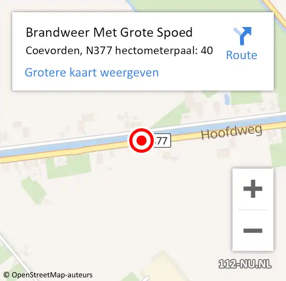 Locatie op kaart van de 112 melding: Brandweer Met Grote Spoed Naar Coevorden, N377 hectometerpaal: 40 op 26 april 2022 11:19