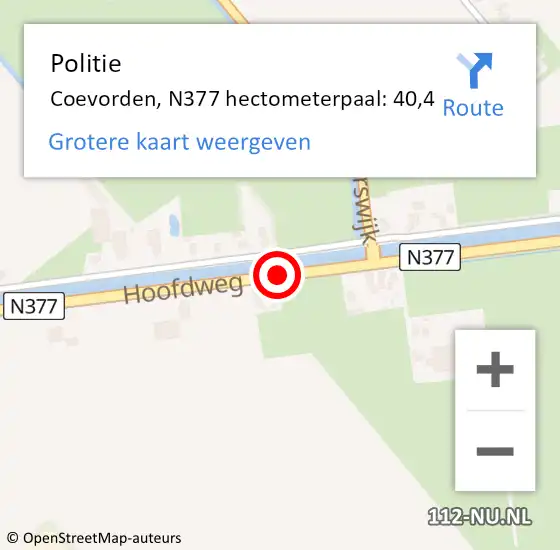 Locatie op kaart van de 112 melding: Politie Coevorden, N377 hectometerpaal: 40,4 op 26 april 2022 11:53