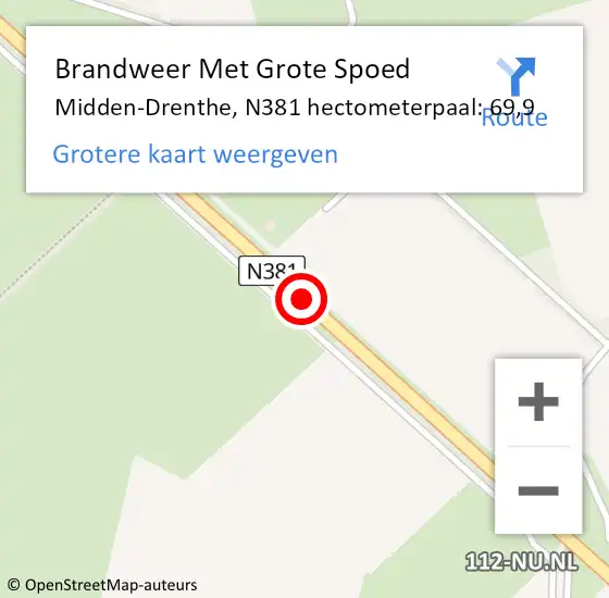 Locatie op kaart van de 112 melding: Brandweer Met Grote Spoed Naar Midden-Drenthe, N381 hectometerpaal: 69,9 op 26 april 2022 13:08