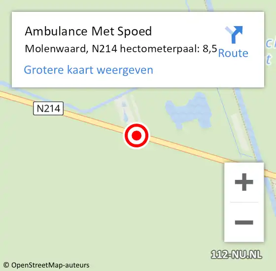 Locatie op kaart van de 112 melding: Ambulance Met Spoed Naar Molenwaard, N214 hectometerpaal: 8,5 op 26 april 2022 14:05