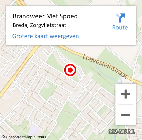 Locatie op kaart van de 112 melding: Brandweer Met Spoed Naar Breda, Zorgvlietstraat op 26 april 2022 14:27