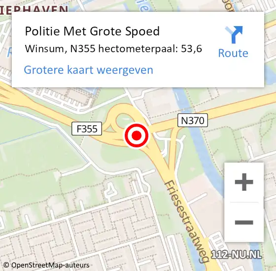 Locatie op kaart van de 112 melding: Politie Met Grote Spoed Naar Winsum, N355 hectometerpaal: 53,6 op 26 april 2022 14:44