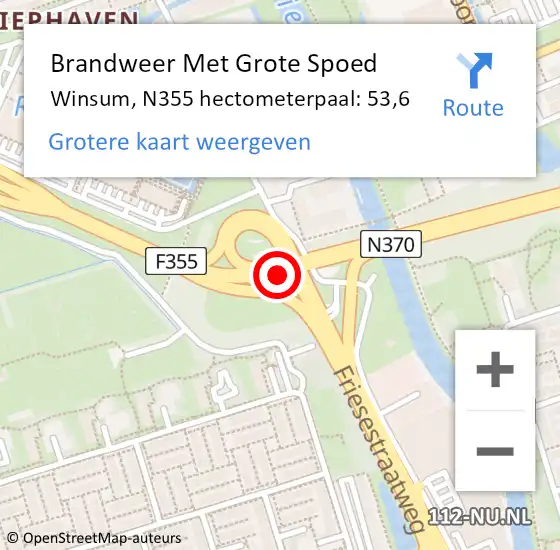 Locatie op kaart van de 112 melding: Brandweer Met Grote Spoed Naar Winsum, N355 hectometerpaal: 53,6 op 26 april 2022 14:47