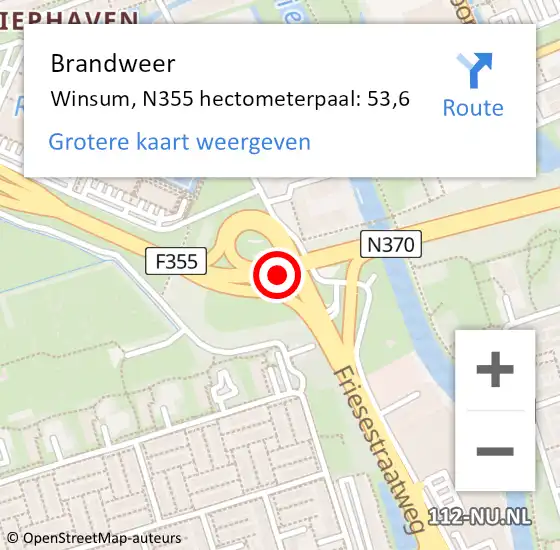 Locatie op kaart van de 112 melding: Brandweer Winsum, N355 hectometerpaal: 53,6 op 26 april 2022 14:48