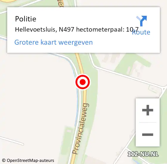 Locatie op kaart van de 112 melding: Politie Hellevoetsluis, N497 hectometerpaal: 10,7 op 27 april 2022 00:52