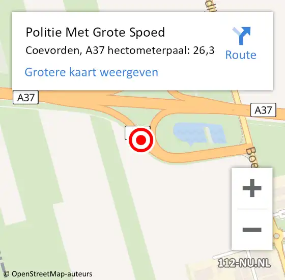 Locatie op kaart van de 112 melding: Politie Met Grote Spoed Naar Coevorden, A37 hectometerpaal: 26,3 op 27 april 2022 01:36