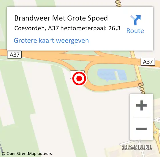 Locatie op kaart van de 112 melding: Brandweer Met Grote Spoed Naar Coevorden, A37 hectometerpaal: 26,3 op 27 april 2022 01:37