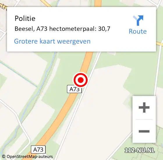 Locatie op kaart van de 112 melding: Politie Beesel, A73 hectometerpaal: 30,7 op 27 april 2022 21:22