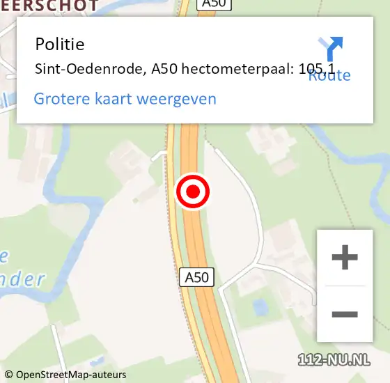 Locatie op kaart van de 112 melding: Politie Sint-Oedenrode, A50 hectometerpaal: 105,1 op 28 april 2022 01:00