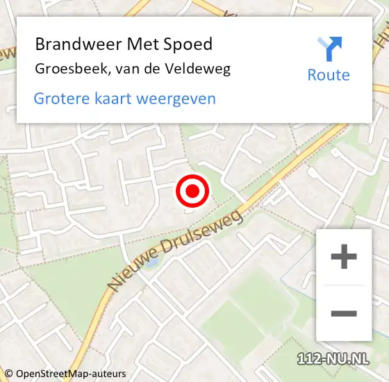 Locatie op kaart van de 112 melding: Brandweer Met Spoed Naar Groesbeek, van de Veldeweg op 28 april 2022 13:57