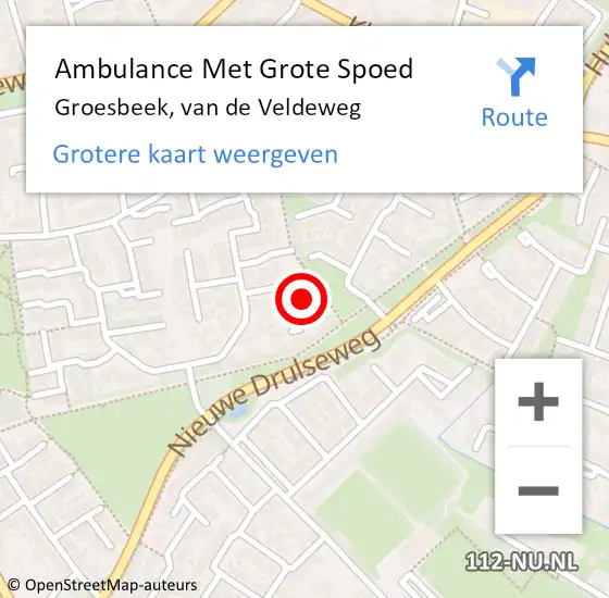Locatie op kaart van de 112 melding: Ambulance Met Grote Spoed Naar Groesbeek, van de Veldeweg op 28 april 2022 14:12