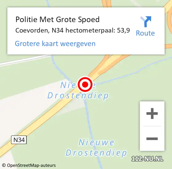 Locatie op kaart van de 112 melding: Politie Met Grote Spoed Naar Coevorden, N34 hectometerpaal: 53,9 op 28 april 2022 16:01