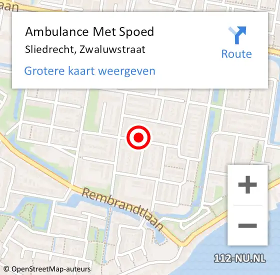 Locatie op kaart van de 112 melding: Ambulance Met Spoed Naar Sliedrecht, Zwaluwstraat op 29 april 2022 06:39
