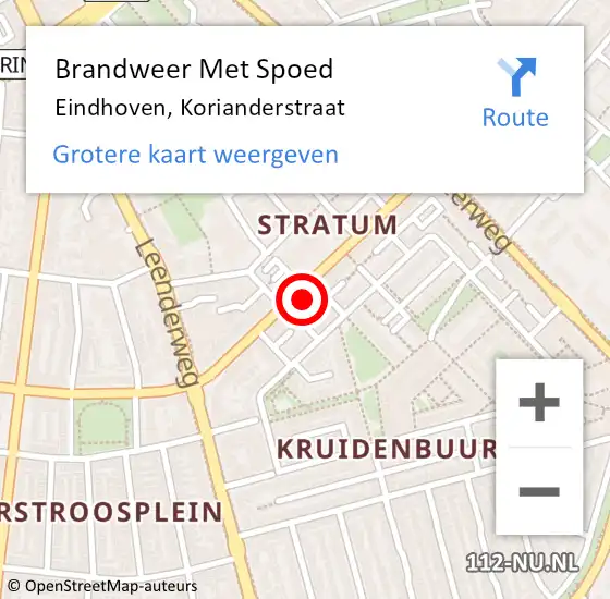 Locatie op kaart van de 112 melding: Brandweer Met Spoed Naar Eindhoven, Korianderstraat op 29 april 2022 07:49