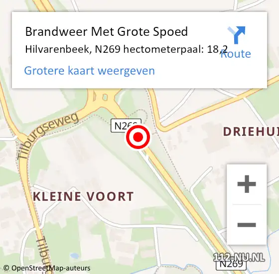 Locatie op kaart van de 112 melding: Brandweer Met Grote Spoed Naar Hilvarenbeek, N269 hectometerpaal: 18,2 op 29 april 2022 09:33
