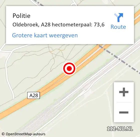 Locatie op kaart van de 112 melding: Politie Oldebroek, A28 hectometerpaal: 73,6 op 29 april 2022 16:05