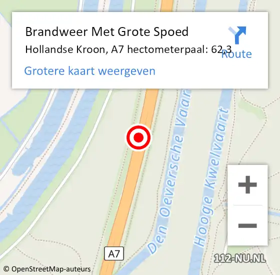 Locatie op kaart van de 112 melding: Brandweer Met Grote Spoed Naar Hollandse Kroon, A7 hectometerpaal: 62,3 op 30 april 2022 18:40