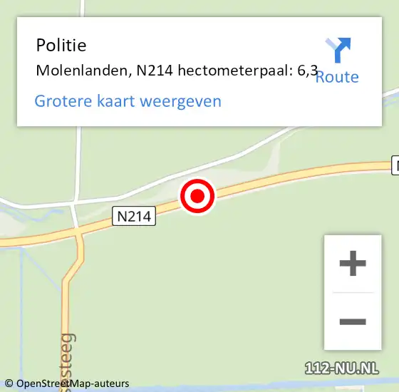 Locatie op kaart van de 112 melding: Politie Molenlanden, N214 hectometerpaal: 6,3 op 30 april 2022 18:47