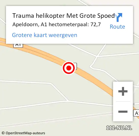 Locatie op kaart van de 112 melding: Trauma helikopter Met Grote Spoed Naar Apeldoorn, A1 hectometerpaal: 72,7 op 1 mei 2022 06:32