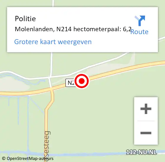 Locatie op kaart van de 112 melding: Politie Molenlanden, N214 hectometerpaal: 6,2 op 2 mei 2022 16:36