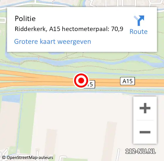 Locatie op kaart van de 112 melding: Politie Ridderkerk, A15 hectometerpaal: 70,9 op 2 mei 2022 21:12