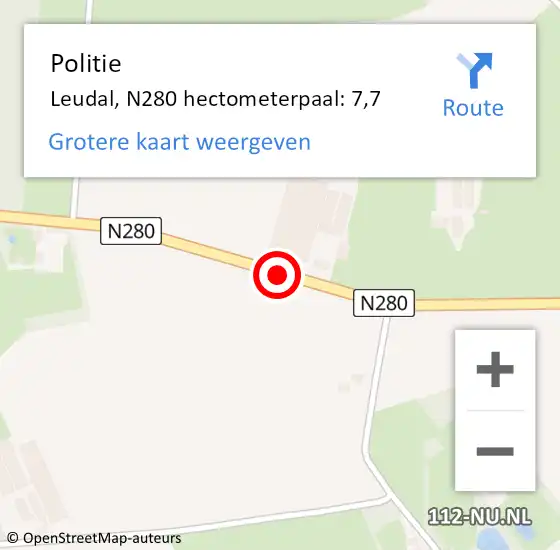 Locatie op kaart van de 112 melding: Politie Leudal, N280 hectometerpaal: 7,7 op 3 mei 2022 13:46
