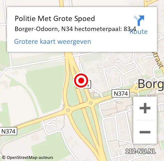 Locatie op kaart van de 112 melding: Politie Met Grote Spoed Naar Borger-Odoorn, N34 hectometerpaal: 83,4 op 3 mei 2022 15:55