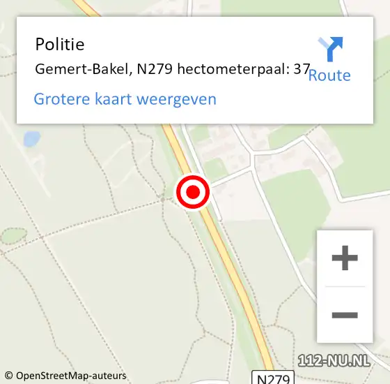 Locatie op kaart van de 112 melding: Politie Gemert-Bakel, N279 hectometerpaal: 37 op 3 mei 2022 17:20