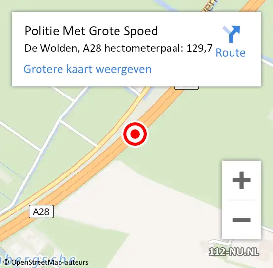 Locatie op kaart van de 112 melding: Politie Met Grote Spoed Naar De Wolden, A28 hectometerpaal: 129,7 op 3 mei 2022 17:57