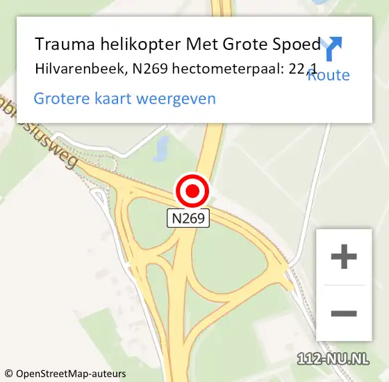 Locatie op kaart van de 112 melding: Trauma helikopter Met Grote Spoed Naar Hilvarenbeek, N269 hectometerpaal: 22,1 op 3 mei 2022 23:43