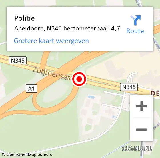 Locatie op kaart van de 112 melding: Politie Apeldoorn, N345 hectometerpaal: 4,7 op 4 mei 2022 09:54
