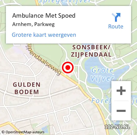 Locatie op kaart van de 112 melding: Ambulance Met Spoed Naar Arnhem, Parkweg op 4 mei 2022 16:44