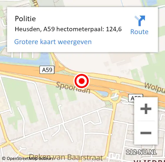 Locatie op kaart van de 112 melding: Politie Heusden, A59 hectometerpaal: 124,6 op 4 mei 2022 17:48