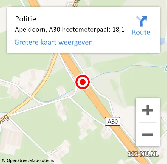 Locatie op kaart van de 112 melding: Politie Apeldoorn, A30 hectometerpaal: 18,1 op 6 mei 2022 06:54