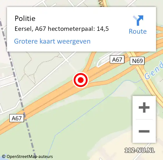 Locatie op kaart van de 112 melding: Politie Eersel, A67 hectometerpaal: 14,5 op 7 mei 2022 11:24