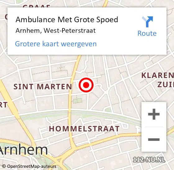Locatie op kaart van de 112 melding: Ambulance Met Grote Spoed Naar Arnhem, West-Peterstraat op 7 mei 2022 22:09