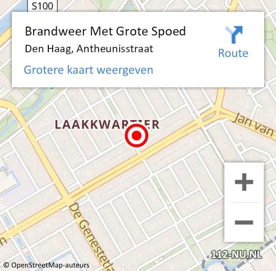 Locatie op kaart van de 112 melding: Brandweer Met Grote Spoed Naar Den Haag, Antheunisstraat op 8 mei 2022 15:09