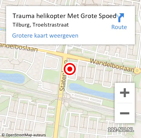 Locatie op kaart van de 112 melding: Trauma helikopter Met Grote Spoed Naar Tilburg, Troelstrastraat op 8 mei 2022 17:34